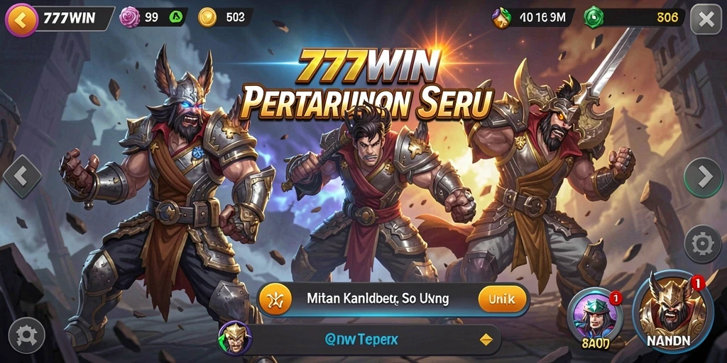 Screenshot gameplay 777WIN menampilkan aksi pertarungan yang intens dan karakter unik.