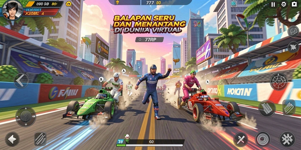 Tampilan balapan seru dengan kendaraan yang menakjubkan di 77RP.