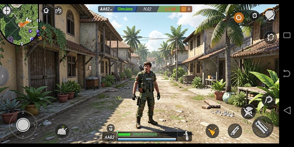 Screenshot gameplay AA62 menampilkan karakter dalam misi simulasi interaktif.