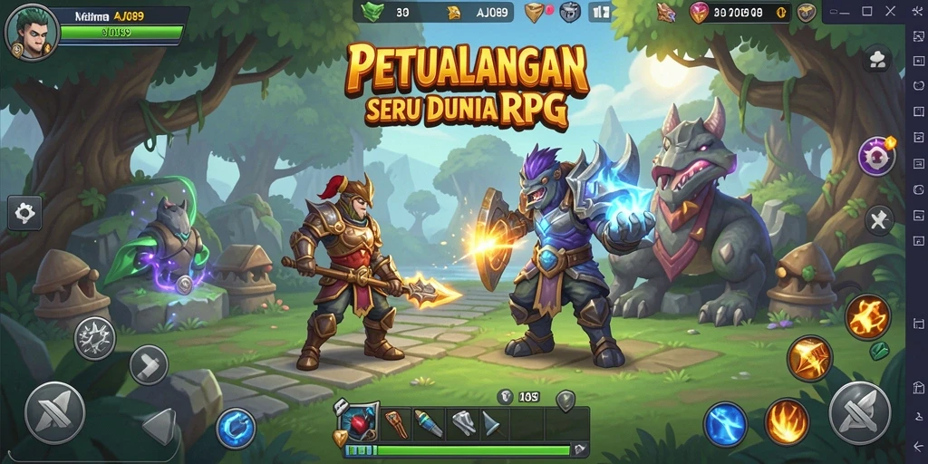 Screenshot gameplay AJO89 yang menampilkan aksi pertarungan RPG yang mendebarkan.