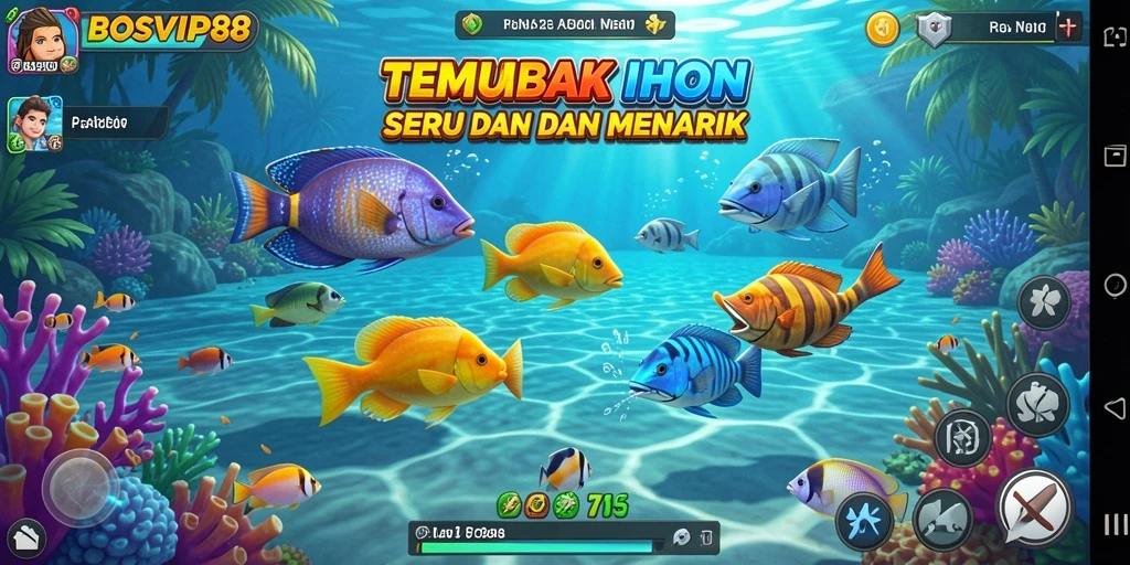 Tampilan gameplay BOSVIP88 dengan berbagai ikan yang berwarna-warni.