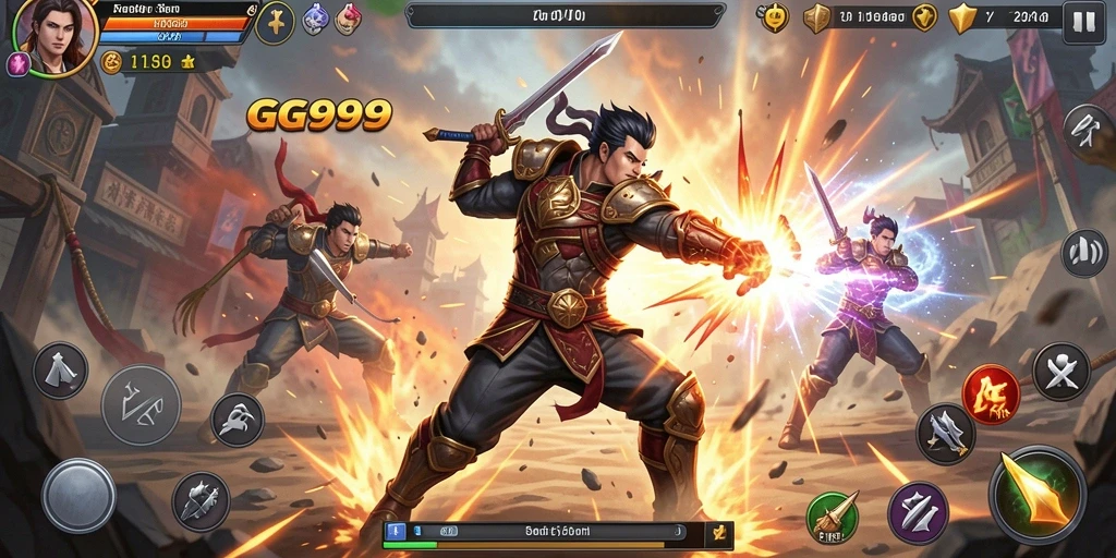 Tangkapan layar utama GG999 menampilkan aksi pertarungan yang mendebarkan.