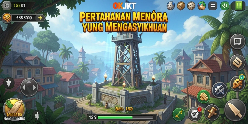 Screenshot gameplay menunjukkan menara dan strategi bertahan