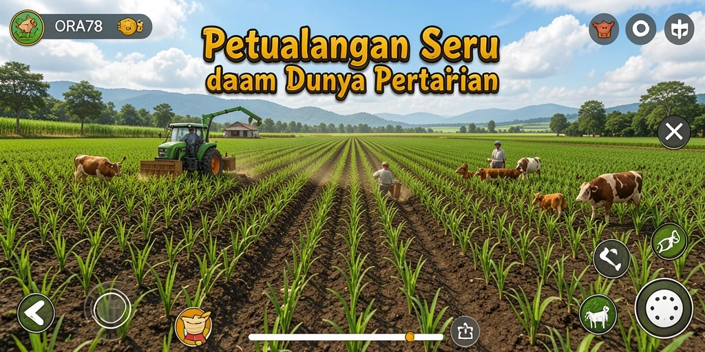 Tangkapan layar ORA78 menunjukkan kebun penuh warna dan aktivitas bertani.