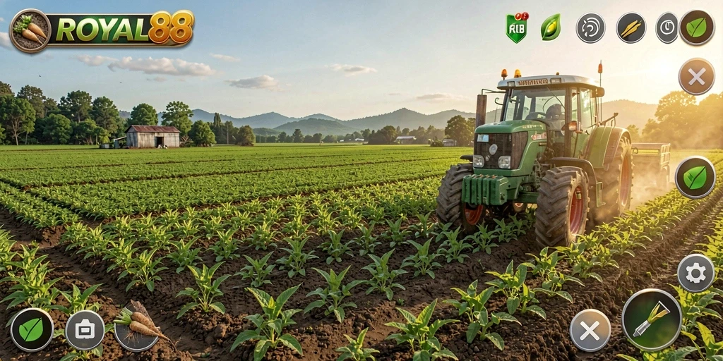 Screenshot utama ROYAL88 menampilkan pemain merawat ladang dan hewan ternak.