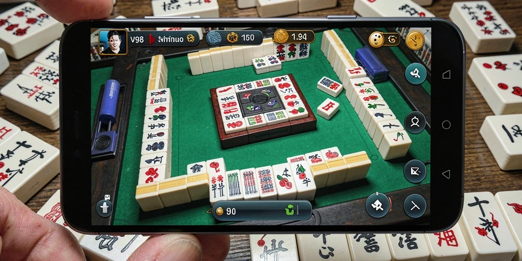 Tampilan gameplay V98 yang menakjubkan dengan ubin Mahjong penuh warna.