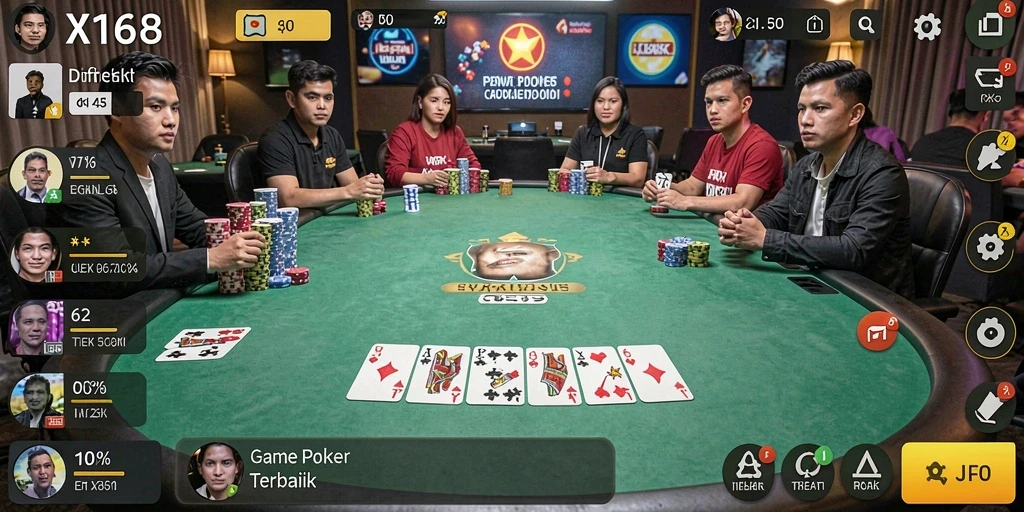 Tampilan gameplay poker di X168 yang menarik dan interaktif.